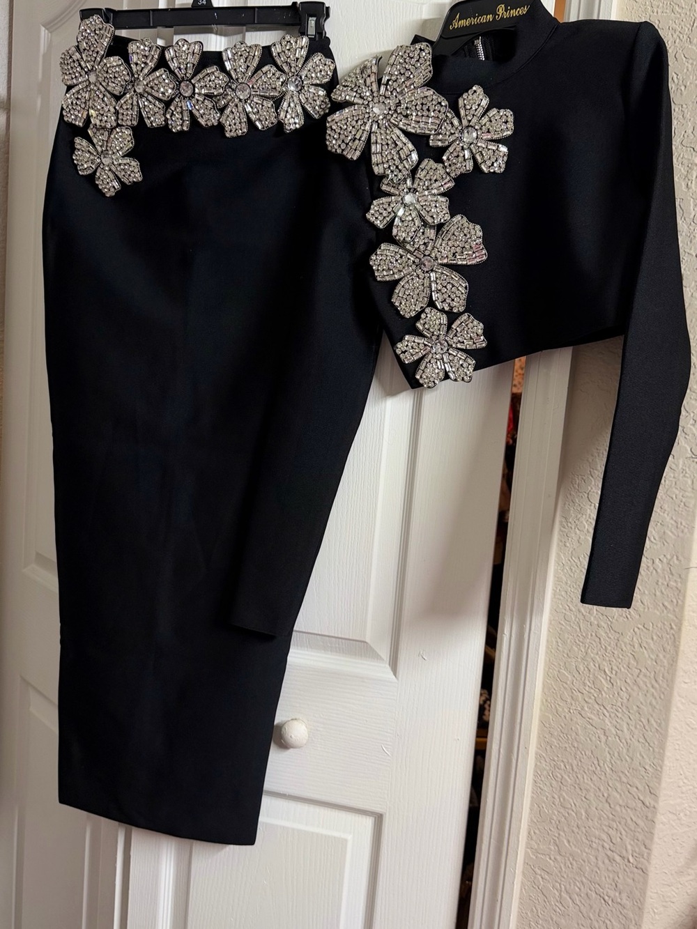 Black Embellished Cropped Top and Pencil Skirt Set